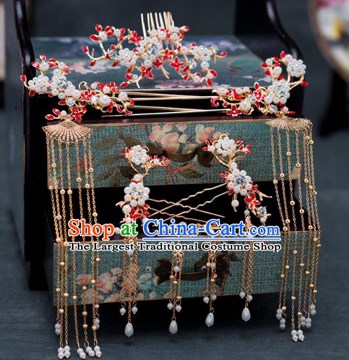 Chinese Ancient Bride Hair Accessories Traditional Wedding Red Hair Comb Hanfu Tassel Hairpins for Women