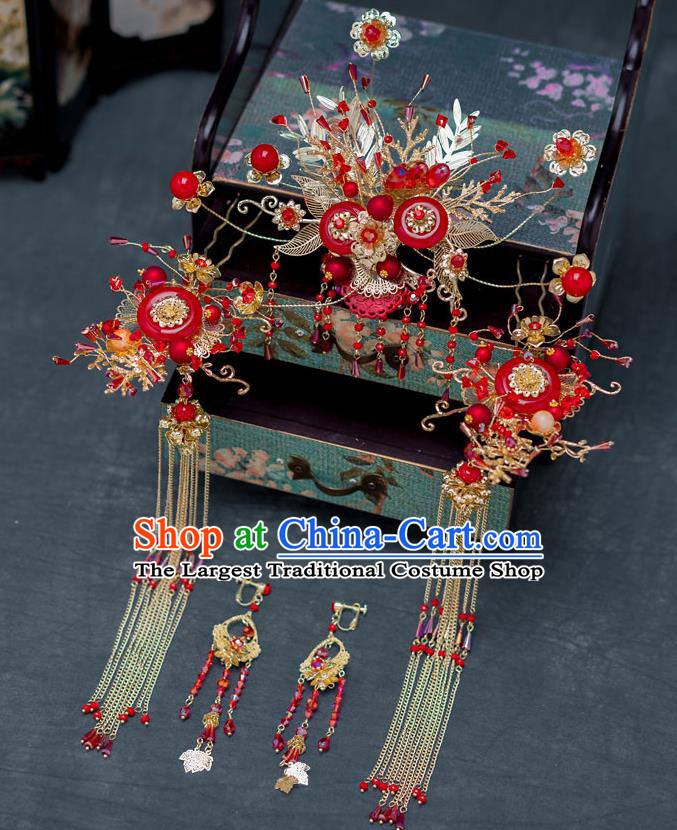 Chinese Ancient Wedding Agate Hairpins Traditional Bride Palace Hair Accessories for Women
