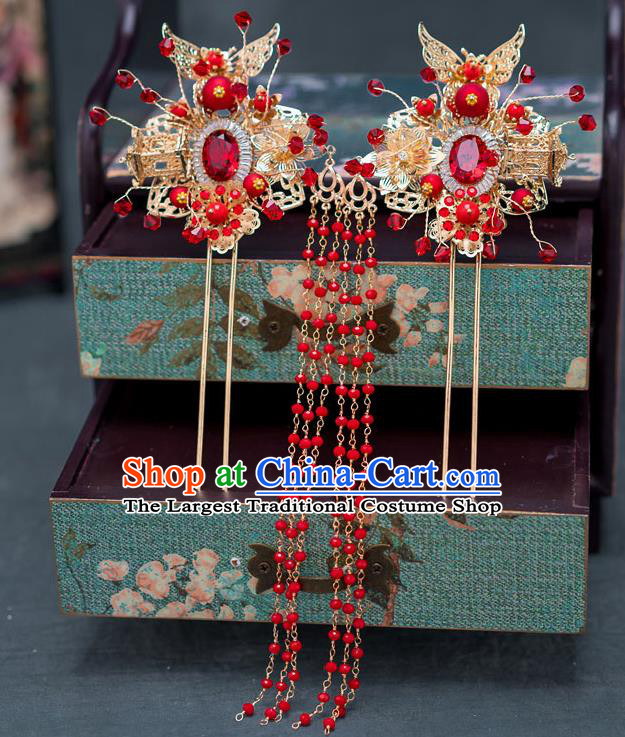 Chinese Ancient Wedding Red Crystal Hairpins Traditional Bride Palace Hair Accessories for Women