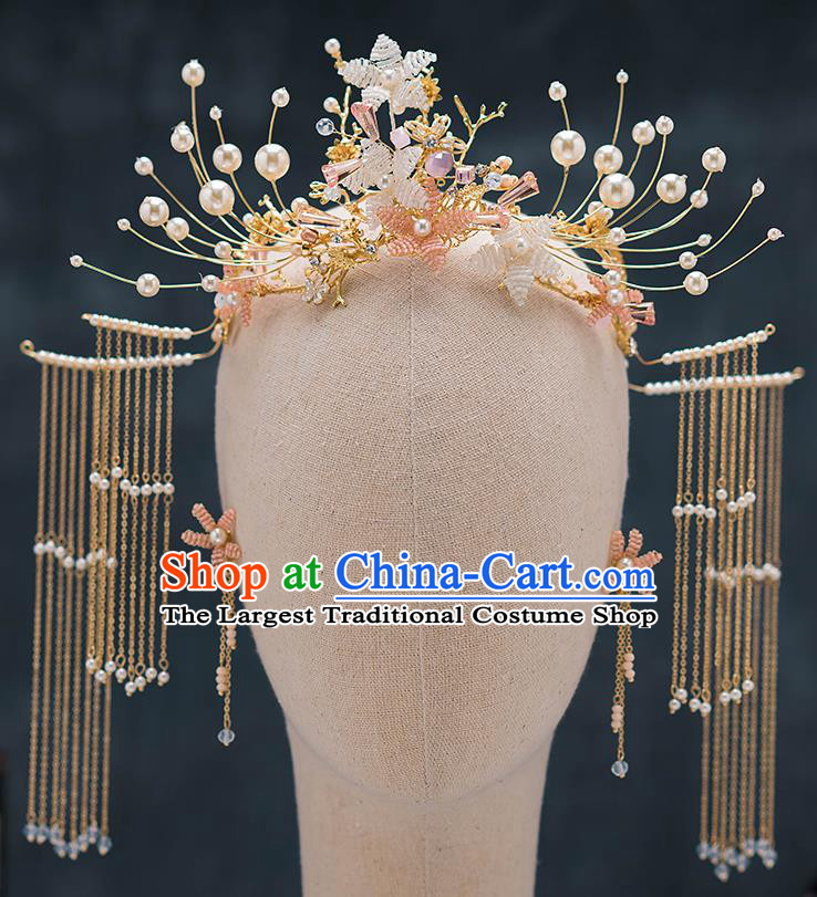 Chinese Ancient Palace Hair Accessories Hairpins Traditional Bride Tassel Phoenix Coronet for Women