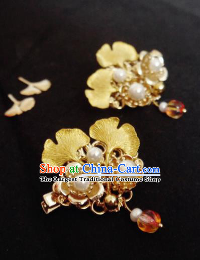 Chinese Ancient Hair Accessories Golden Ginkgo Hair Claws Traditional Bride Hanfu Hairpins for Women