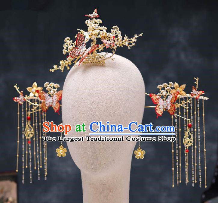 Chinese Ancient Palace Hair Accessories Hairpins Traditional Bride Red Crystal Butterfly Phoenix Coronet for Women