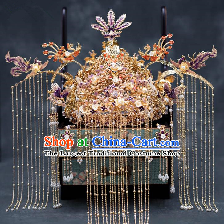 Chinese Ancient Palace Hair Accessories Hairpins Traditional Bride Purple Phoenix Coronet for Women