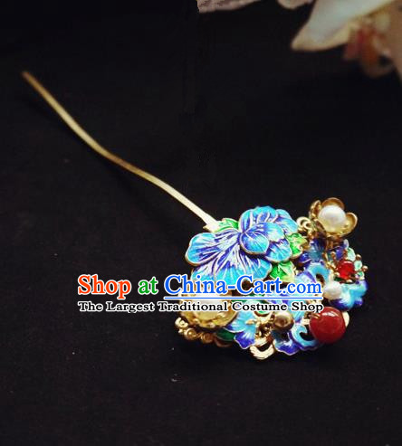 Chinese Ancient Hair Accessories Blueing Peony Hair Clip Traditional Bride Hanfu Hairpins for Women