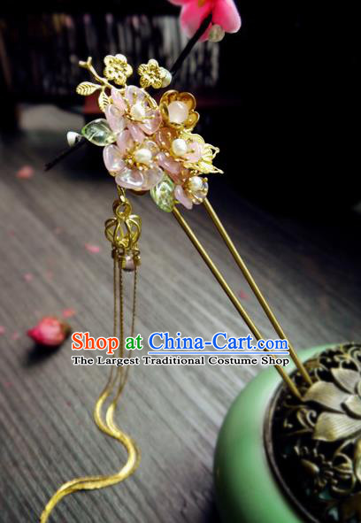 Chinese Ancient Hair Accessories Classical Pink Flowers Hair Clip Traditional Hanfu Tassel Hairpins for Women