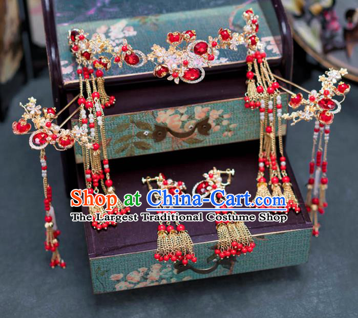 Chinese Ancient Palace Hair Accessories Hairpins Traditional Bride Red Crystal Hair Clasp for Women