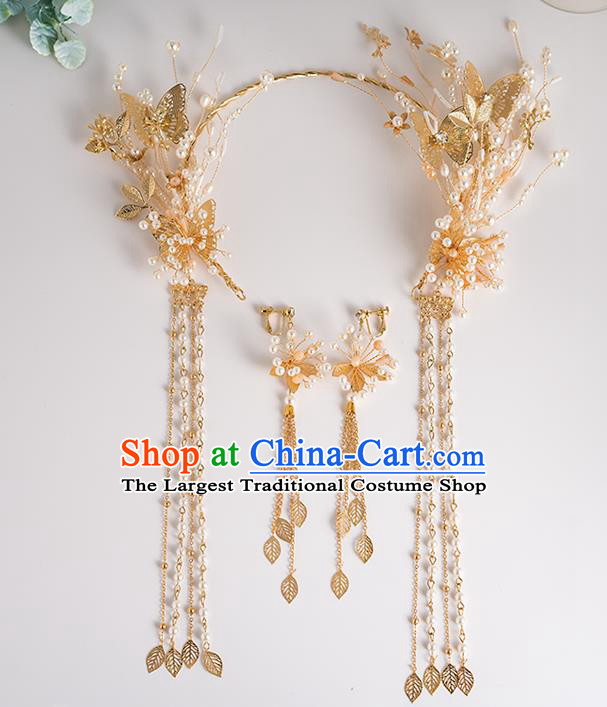 Chinese Ancient Bride Hair Accessories Traditional Wedding Pearls Tassel Hair Clasp Hanfu Hairpins for Women