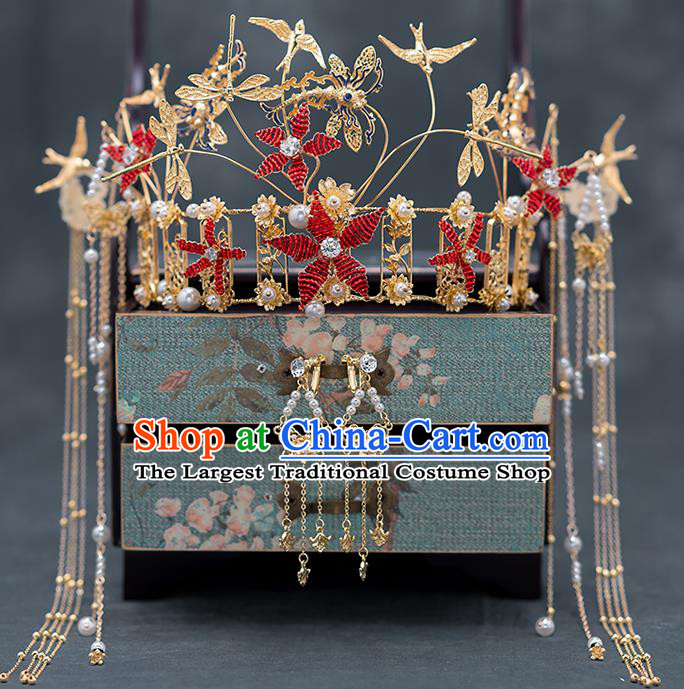 Chinese Ancient Bride Hair Accessories Traditional Wedding Red Flowers Phoenix Coronet Hanfu Hairpins for Women