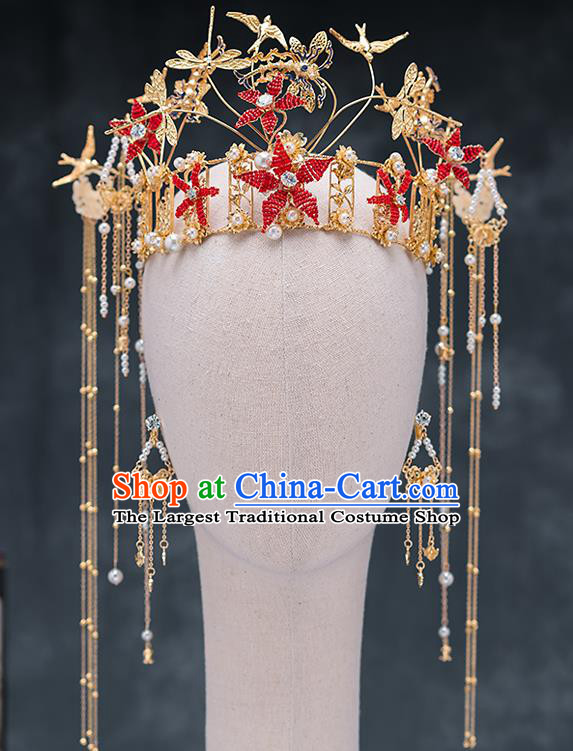 Chinese Ancient Bride Hair Accessories Traditional Wedding Red Flowers Phoenix Coronet Hanfu Hairpins for Women