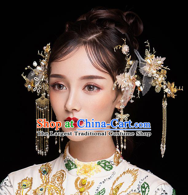Chinese Ancient Bride Hair Accessories Traditional Wedding Hanfu Pink Silk Hairpins Complete Set for Women