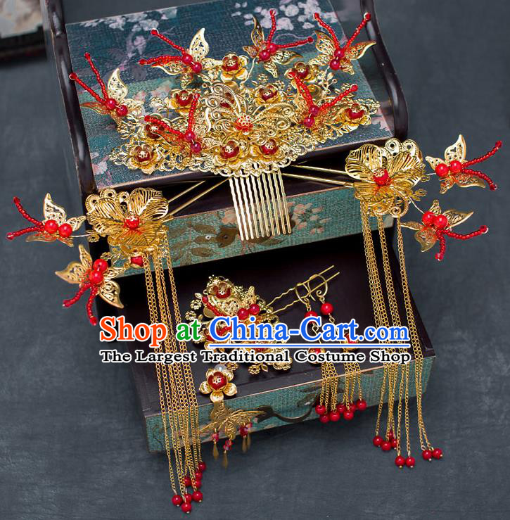 Chinese Ancient Bride Red Beads Phoenix Coronet Traditional Wedding Hair Accessories Hanfu Hairpins for Women