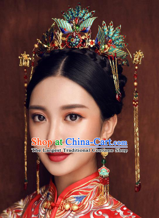 Chinese Ancient Queen Cloisonne Phoenix Coronet Traditional Wedding Hair Accessories Hairpins for Women