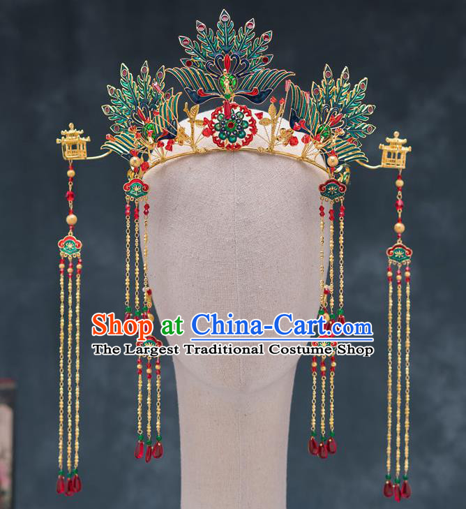 Chinese Ancient Queen Cloisonne Phoenix Coronet Traditional Wedding Hair Accessories Hairpins for Women