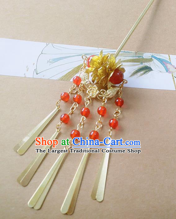 Chinese Ancient Hair Accessories Red Beads Tassel Hairpins Traditional Hanfu Palace Hair Clip for Women