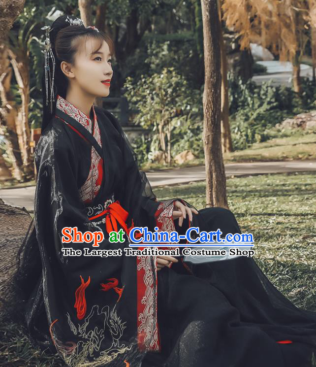 Traditional Chinese Jin Dynasty Swordswoman Replica Costumes Ancient Drama Peri Black Hanfu Dress for Women