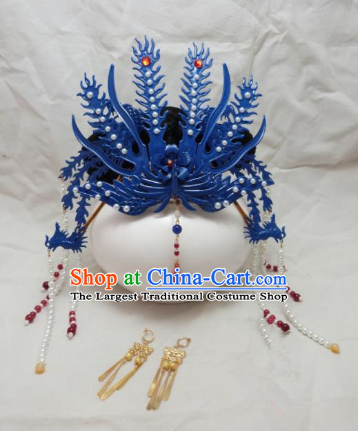 Chinese Ancient Hairpins Palace Queen Blue Phoenix Coronet Hair Accessories Traditional Hair Comb for Women