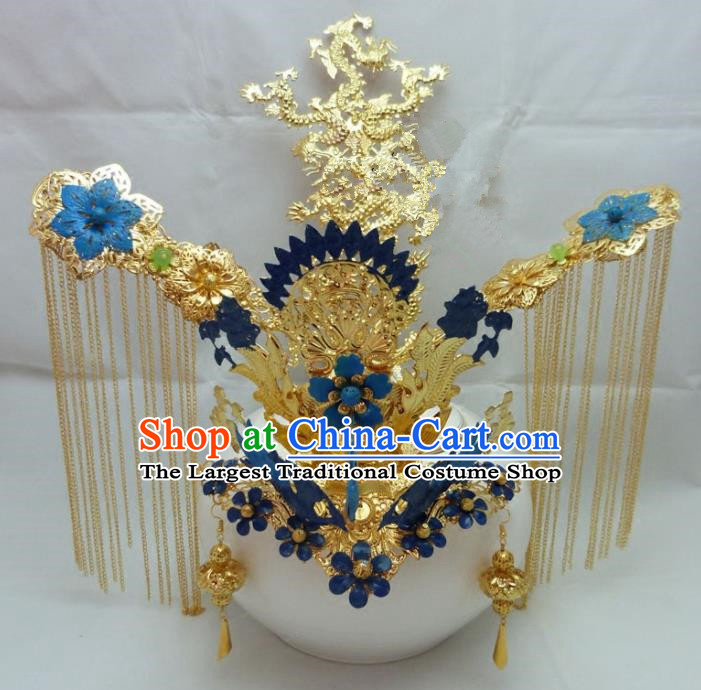 Chinese Traditional Palace Hairpins Ancient Han Dynasty Queen Blue Phoenix Coronet Hair Accessories for Women
