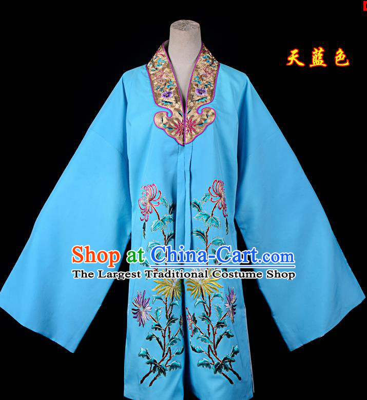 Professional Chinese Traditional Beijing Opera Princess Costume Embroidered Chrysanthemum Blue Dress for Adults