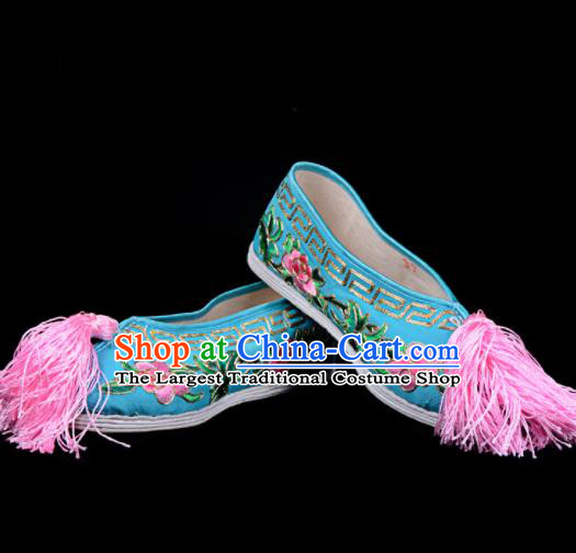 Professional Chinese Beijing Opera Diva Shoes Ancient Traditional Blue Embroidered Shoes for Women