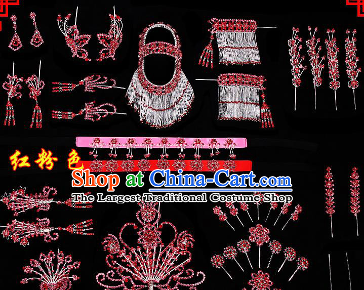 Chinese Beijing Opera Diva Hair Accessories Ancient Princess Red Hairpins Complete Set for Women