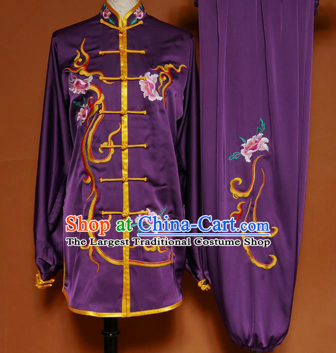 Top Group Kung Fu Costume Martial Arts Gongfu Training Uniform Embroidered Purple Tai Ji Clothing for Women