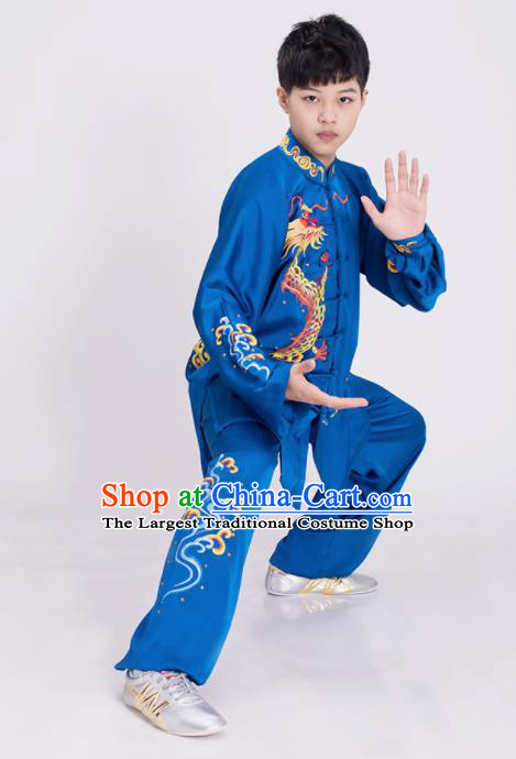 Top Kung Fu Competition Costume Group Martial Arts Gongfu Training Embroidered Dragon Blue Uniform for Men
