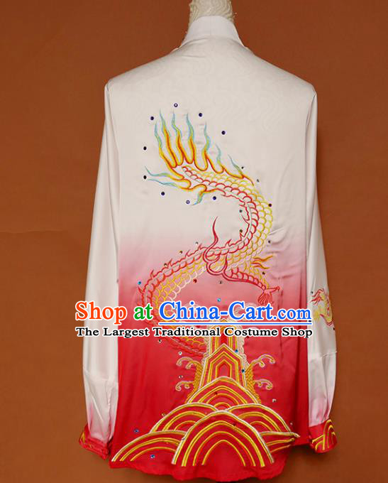 Top Grade Kung Fu Costume Martial Arts Training Tai Ji Embroidered Dragon Red Uniform for Adults