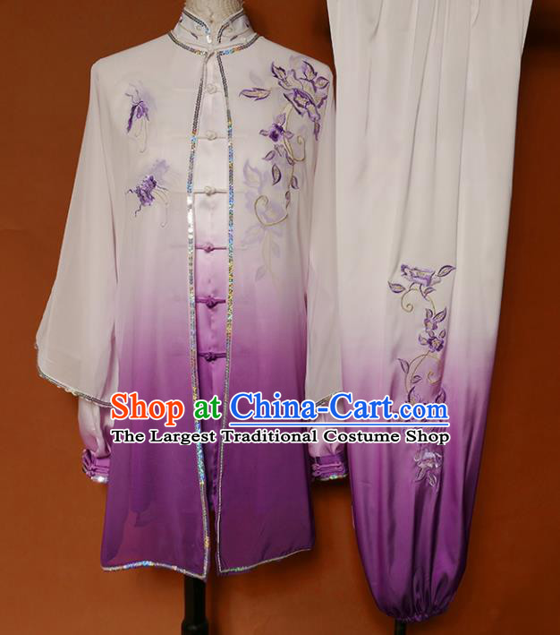 Top Group Kung Fu Costume Martial Arts Training Uniform Tai Ji Embroidered Purple Clothing for Women