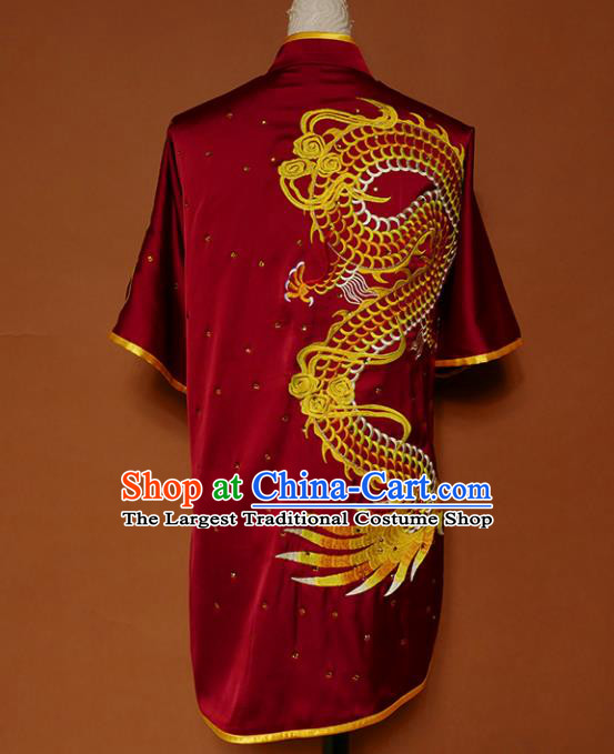 Top Kung Fu Group Competition Costume Martial Arts Training Embroidered Dragon Red Uniform for Men