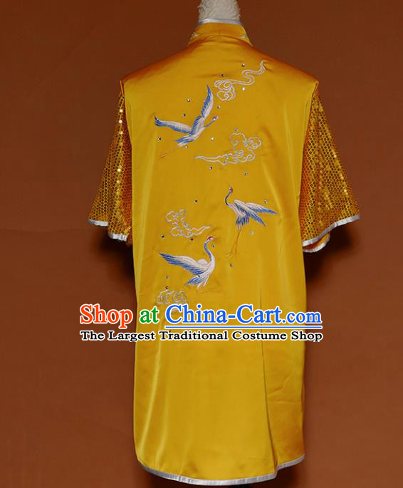 Top Kung Fu Group Competition Costume Martial Arts Training Embroidered Cranes Yellow Uniform for Men