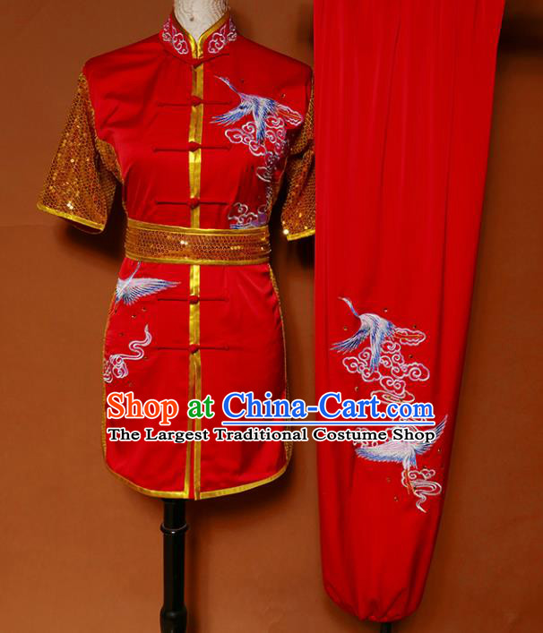Top Kung Fu Group Competition Costume Martial Arts Training Embroidered Cranes Red Uniform for Men