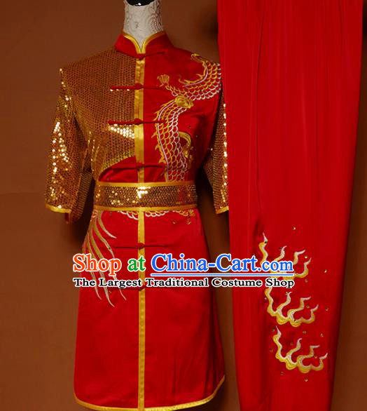 Top Kung Fu Group Competition Costume Martial Arts Training Embroidered Red Uniform for Men