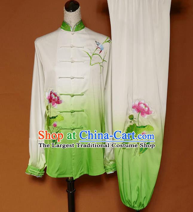 Top Grade Kung Fu Costume Martial Arts Training Tai Ji Embroidered Lotus Green Uniform for Adults