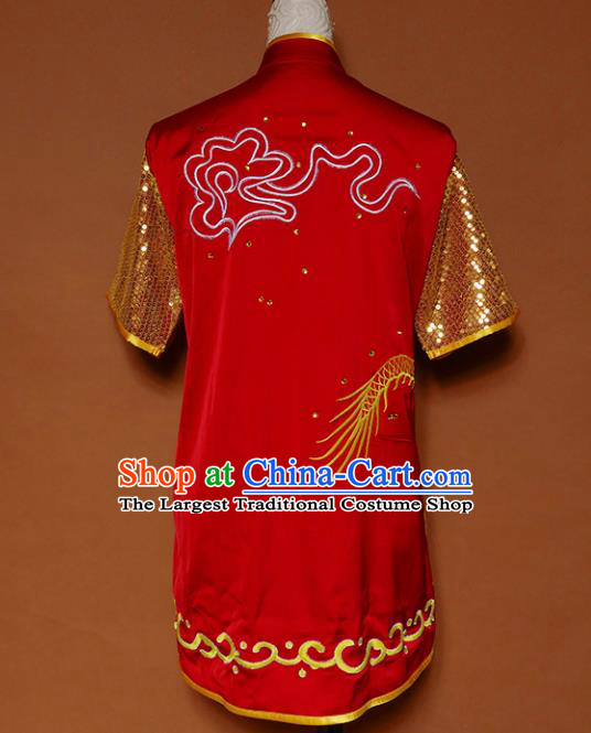 Top Kung Fu Group Competition Costume Martial Arts Wushu Training Embroidered Dragon Red Uniform for Men