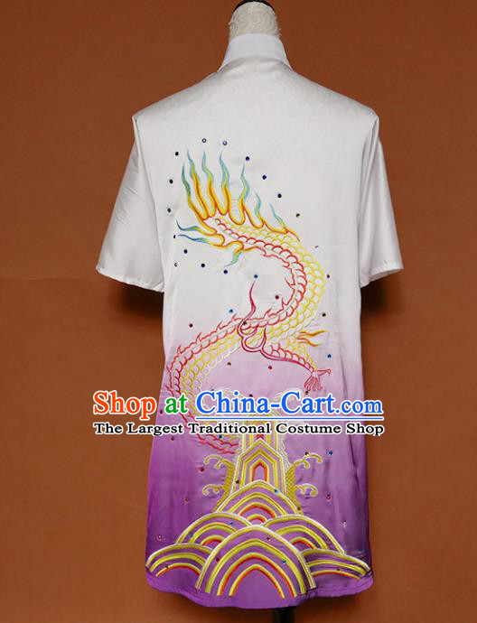 Top Kung Fu Group Competition Costume Martial Arts Wushu Training Embroidered Dragon Purple Uniform for Men