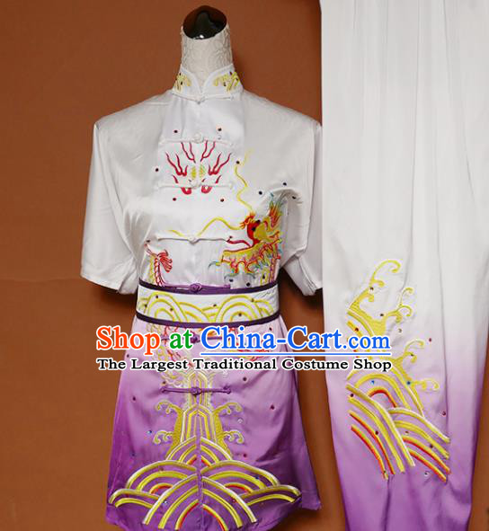 Top Kung Fu Group Competition Costume Martial Arts Wushu Training Embroidered Dragon Purple Uniform for Men