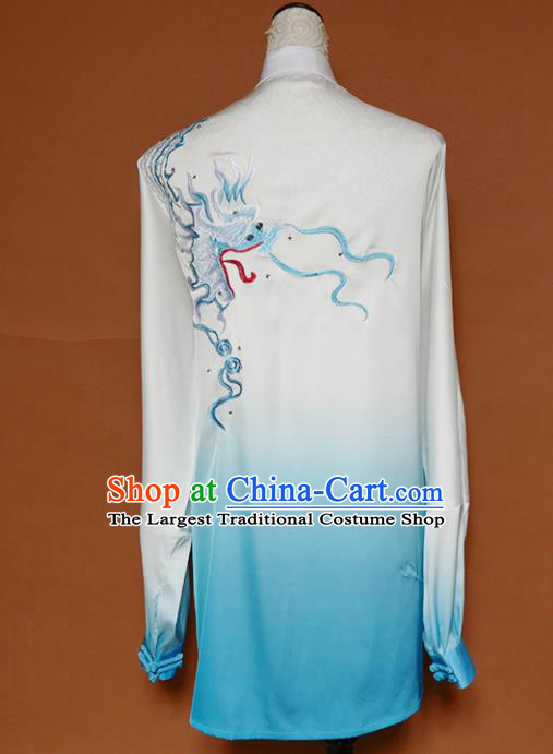 Top Grade Kung Fu Costume Martial Arts Training Tai Ji Embroidered Dragon Blue Uniform for Adults