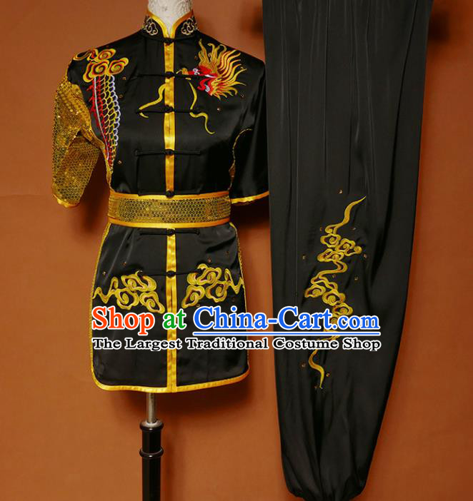 Top Kung Fu Competition Costume Group Martial Arts Training Embroidered Dragon Black Uniform for Men