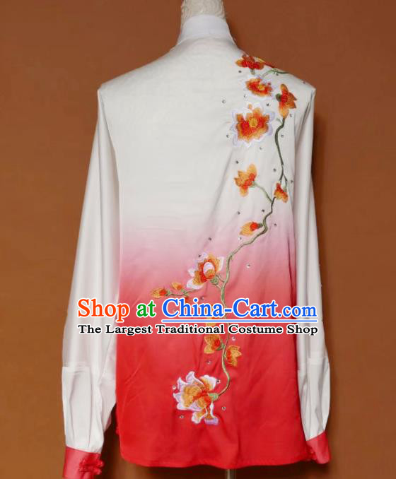 Top Group Kung Fu Costume Tai Ji Training Embroidered Magnolia Red Uniform Clothing for Women