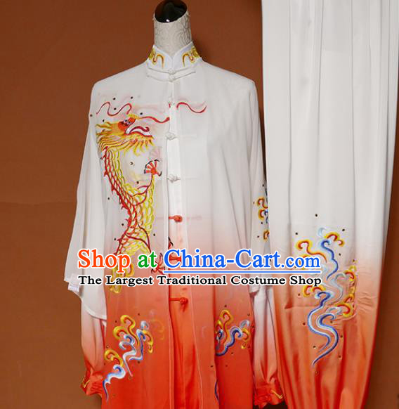 Top Grade Kung Fu Costume Martial Arts Training Tai Ji Embroidered Dragon Orange Uniform for Adults