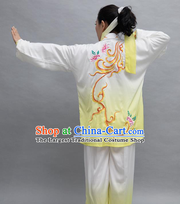 Top Group Kung Fu Costume Tai Ji Training Embroidered Peony Yellow Uniform Clothing for Women