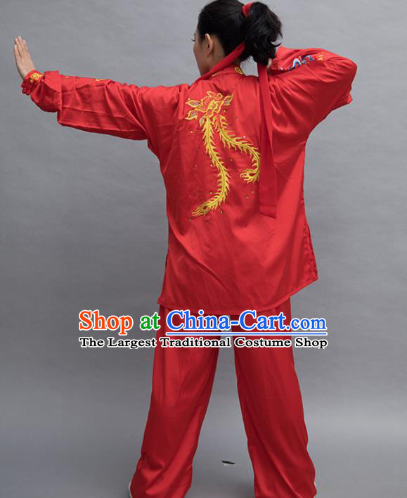 Top Tai Ji Training Embroidered Phoenix Red Uniform Kung Fu Group Competition Costume for Women