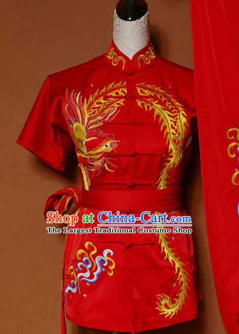 Top Group Kung Fu Costume Tai Ji Training Embroidered Phoenix Red Uniform Clothing for Women