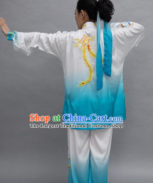 Top Tai Ji Training Embroidered Phoenix Blue Uniform Kung Fu Group Competition Costume for Women