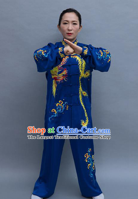 Top Tai Ji Training Embroidered Phoenix Deep Blue Uniform Kung Fu Group Competition Costume for Women