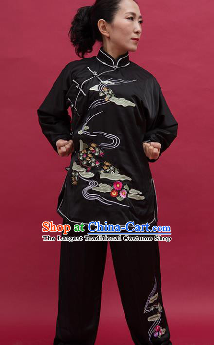 Top Tai Ji Training Embroidered Black Uniform Kung Fu Group Competition Costume for Women