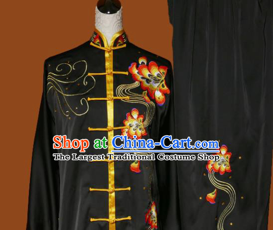 Top Grade Kung Fu Embroidered Black Costume Martial Arts Training Tai Ji Uniform for Adults
