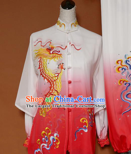 Top Grade Kung Fu Costume Martial Arts Training Tai Ji Embroidered Dragon Rosy Uniform for Adults