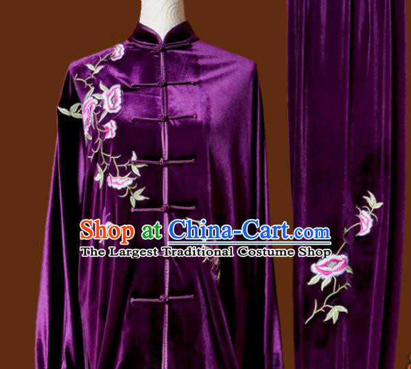 Top Tai Ji Training Embroidered Purple Velvet Uniform Kung Fu Group Competition Costume for Women