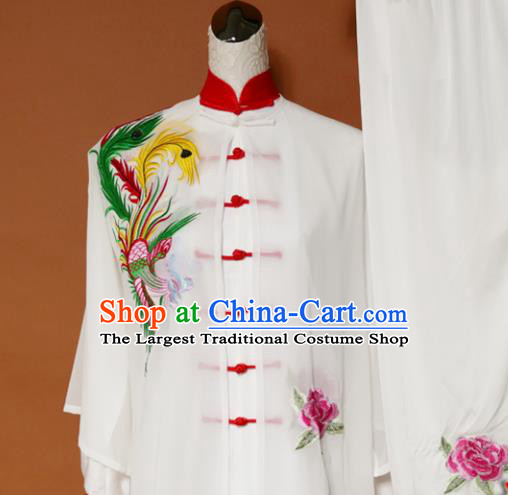 Top Tai Ji Training Embroidered Phoenix Peony White Uniform Kung Fu Group Competition Costume for Women